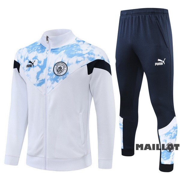 Foot Maillot Pas Cher Ensemble Complet Ropa Deportiva Con Cremallera Larga Enfant Manchester City 2022 2023 Blanc Bleu