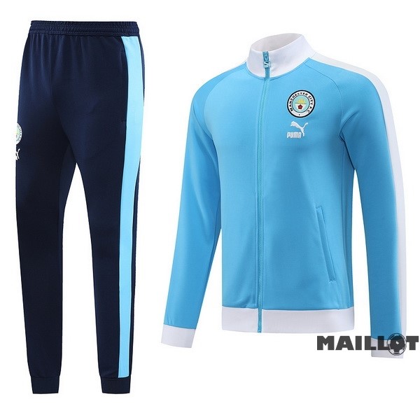 Foot Maillot Pas Cher Ensemble Complet Ropa Deportiva Con Cremallera Larga Manchester City 2023 2024 Bleu Blanc