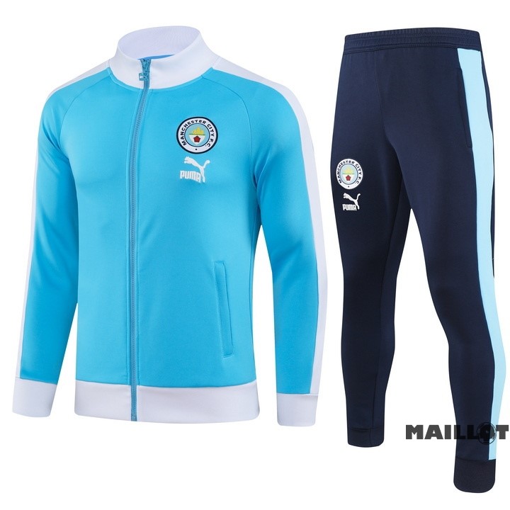 Foot Maillot Pas Cher Ensemble Complet Ropa Deportiva Con Cremallera Larga Manchester City 2023 2024 Bleu II Blanc