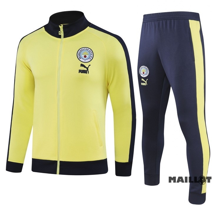 Foot Maillot Pas Cher Ensemble Complet Ropa Deportiva Con Cremallera Larga Manchester City 2023 2024 Bleu Marine I Jaune