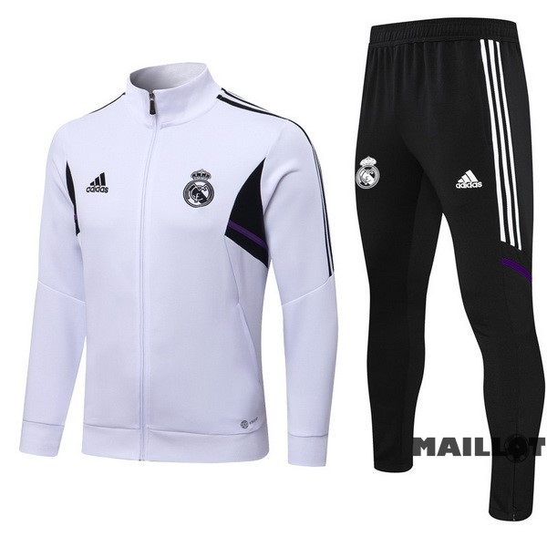 Foot Maillot Pas Cher Ensemble Complet Ropa Deportiva Con Cremallera Larga Real Madrid 2022 2023 Blanc Noir