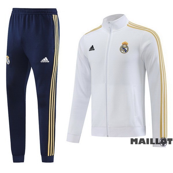 Foot Maillot Pas Cher Ensemble Complet Ropa Deportiva Con Cremallera Larga Real Madrid 2023 2024 Blanc Bleu Jaune