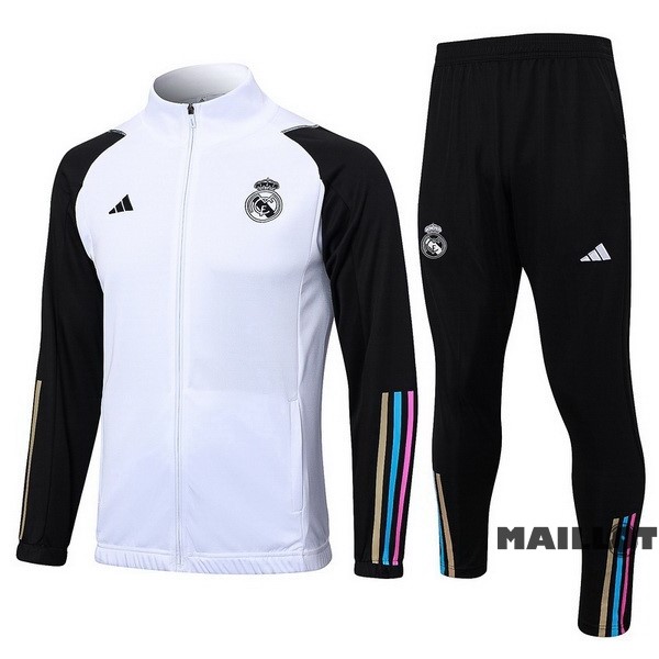 Foot Maillot Pas Cher Ensemble Complet Ropa Deportiva Con Cremallera Larga Real Madrid 2023 2024 Blanc Noir