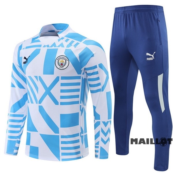 Foot Maillot Pas Cher Ensemble Complet Sudadera Entrainement Enfant Manchester City 2022 2023 Blanc Bleu