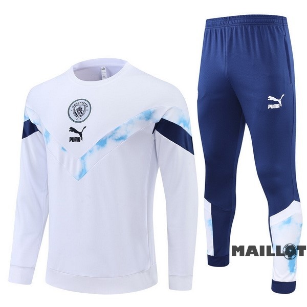 Foot Maillot Pas Cher Ensemble Complet Sudadera Entrainement Enfant Manchester City 2022 2023 Blanc I Bleu