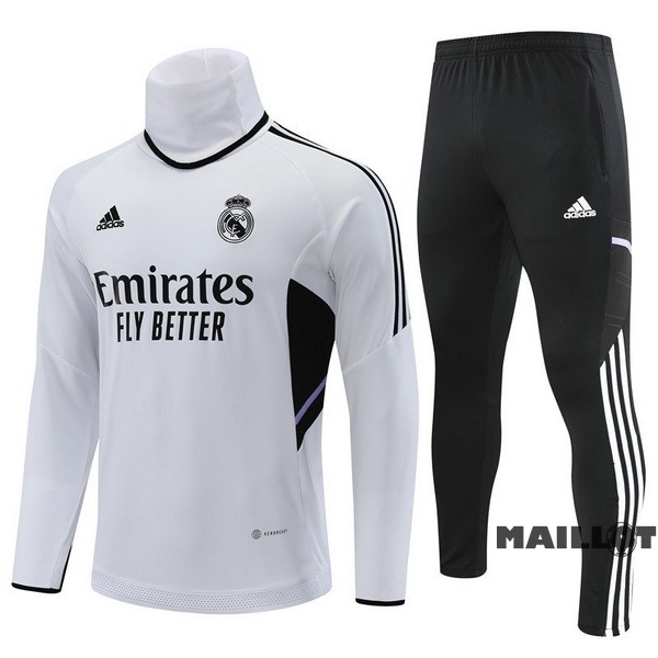 Foot Maillot Pas Cher Ensemble Complet Sudadera Entrainement Enfant Real Madrid 2022 2023 Blanc Noir
