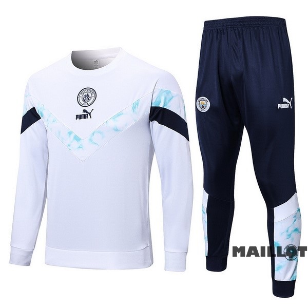 Foot Maillot Pas Cher Ensemble Complet Sudadera Entrainement Manchester City 2022 2023 Blanc Bleu Marine