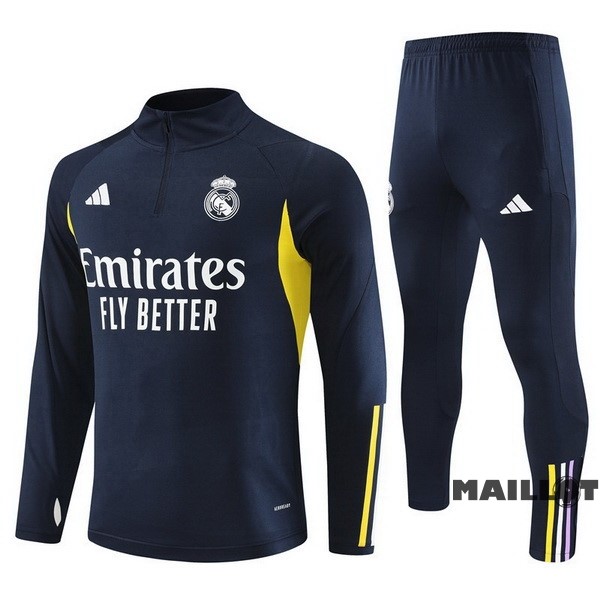 Foot Maillot Pas Cher Ensemble Complet Sudadera Entrainement Real Madrid 2023 2024 Bleu Marine Jaune