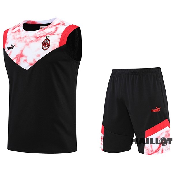 Foot Maillot Pas Cher Entrainement Sans Manches Ensemble Complet AC Milan 2022 2023 Noir Rouge