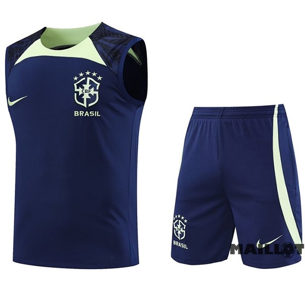 Foot Maillot Pas Cher Entrainement Sans Manches Ensemble Complet Brésil 2022 Bleu Marine II Vert