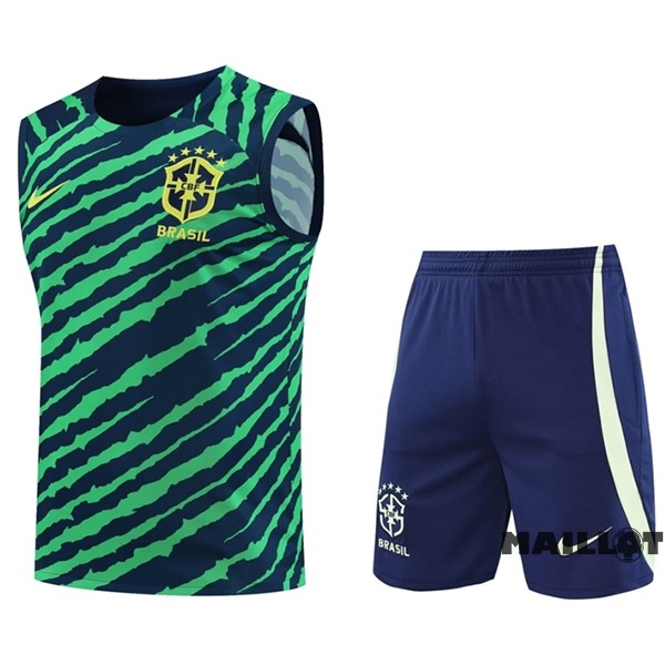 Foot Maillot Pas Cher Entrainement Sans Manches Ensemble Complet Brésil 2022 Vert Bleu Marine