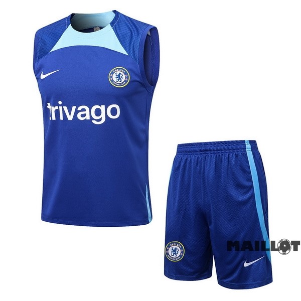 Foot Maillot Pas Cher Entrainement Sans Manches Ensemble Complet Chelsea 2022 2023 Bleu Blanc