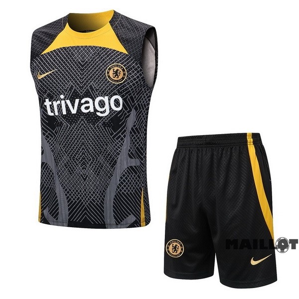 Foot Maillot Pas Cher Entrainement Sans Manches Ensemble Complet Chelsea 2022 2023 Noir I Jaune