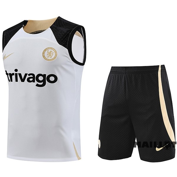 Foot Maillot Pas Cher Entrainement Sans Manches Ensemble Complet Chelsea 2023 2024 Blanc II Noir