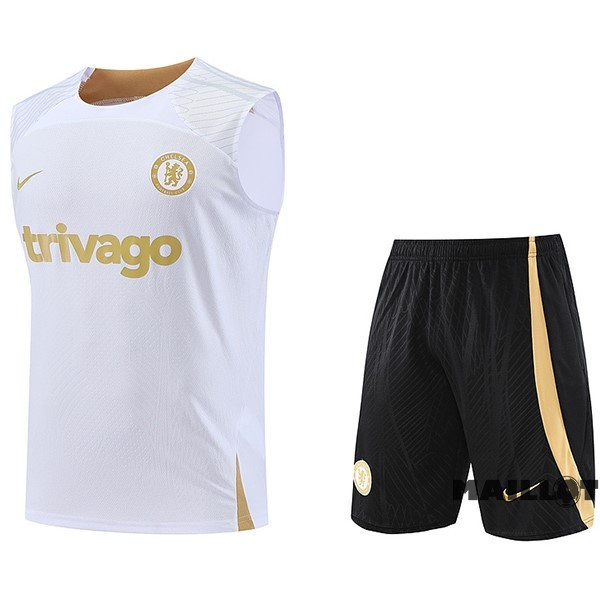 Foot Maillot Pas Cher Entrainement Sans Manches Ensemble Complet Chelsea 2023 2024 Blanc Noir