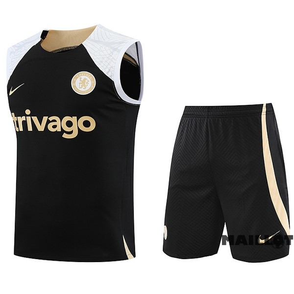 Foot Maillot Pas Cher Entrainement Sans Manches Ensemble Complet Chelsea 2023 2024 Noir Blanc