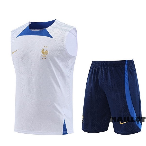 Foot Maillot Pas Cher Entrainement Sans Manches Ensemble Complet France 2023 Blanc Bleu