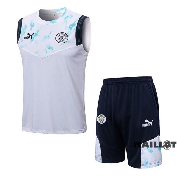 Foot Maillot Pas Cher Entrainement Sans Manches Ensemble Complet Manchester City 2022 2023 Blanc Bleu