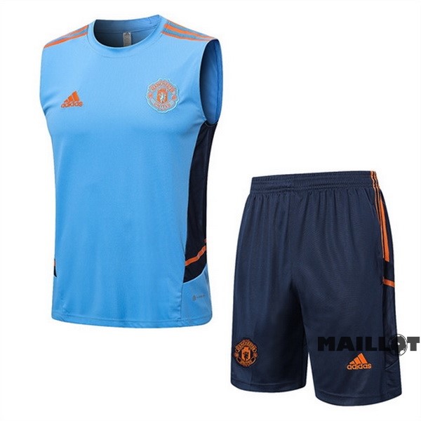 Foot Maillot Pas Cher Entrainement Sans Manches Ensemble Complet Manchester United 2022 2023 Bleu Clair