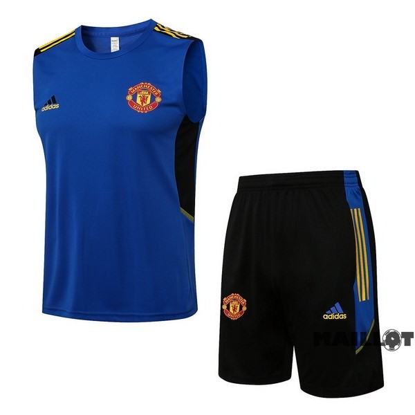 Foot Maillot Pas Cher Entrainement Sans Manches Ensemble Complet Manchester United 2022 2023 Bleu Noir