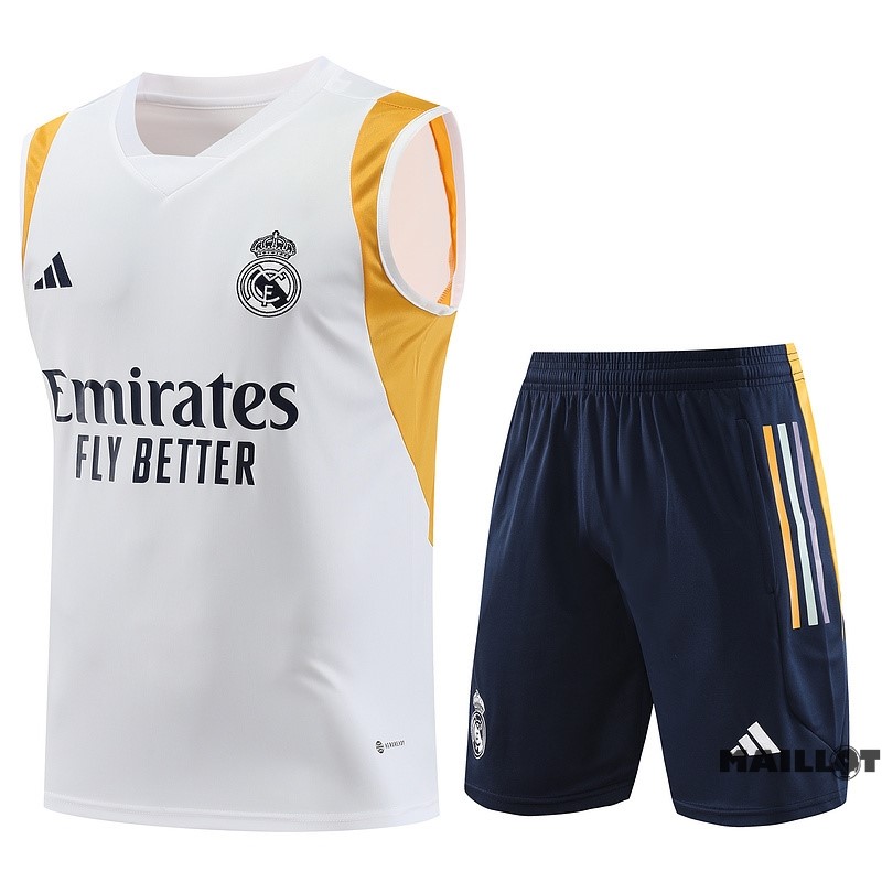 Foot Maillot Pas Cher Entrainement Sans Manches Ensemble Complet Real Madrid 2023 2024 Blanc Jaune Bleu