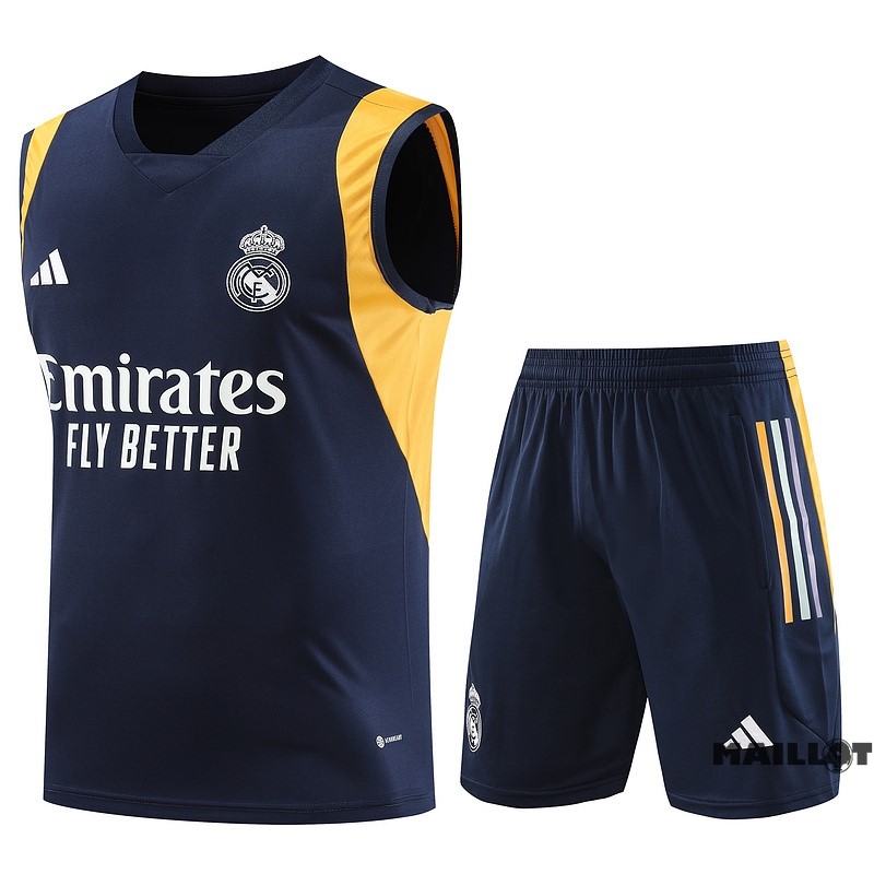 Foot Maillot Pas Cher Entrainement Sans Manches Ensemble Complet Real Madrid 2023 2024 Bleu Marine I Jaune