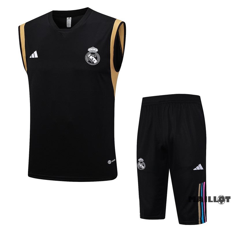 Foot Maillot Pas Cher Entrainement Sans Manches Ensemble Complet Real Madrid 2023 2024 Noir Jaune