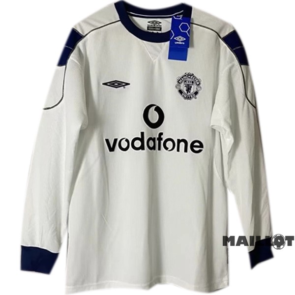 Foot Maillot Pas Cher Exterieur Manches Longues Manchester United Retro 2000 2001 Blanc