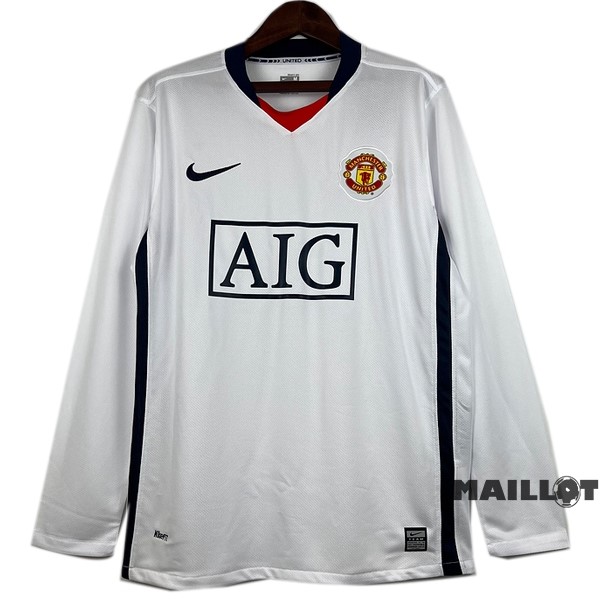 Foot Maillot Pas Cher Exterieur Manches Longues Manchester United Retro 2007 2008 Blanc