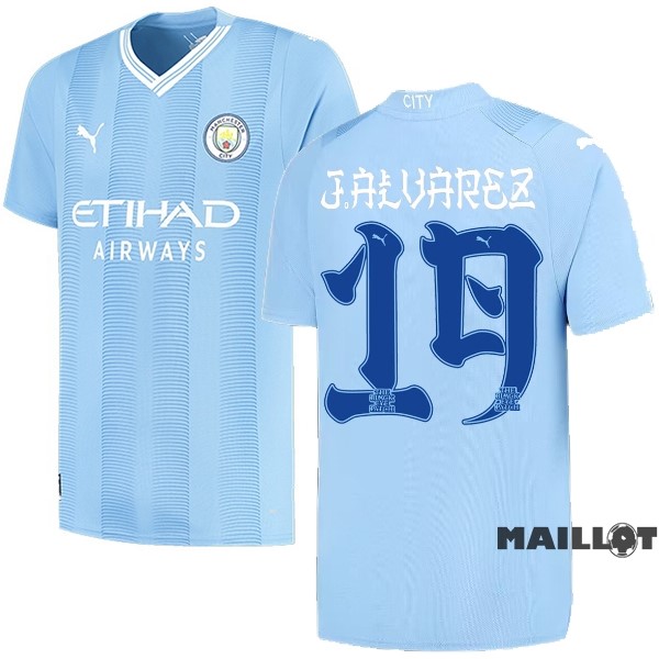 Foot Maillot Pas Cher NO.19 J. Alvarez Domicile Maillot Manchester City 2023 2024 Bleu