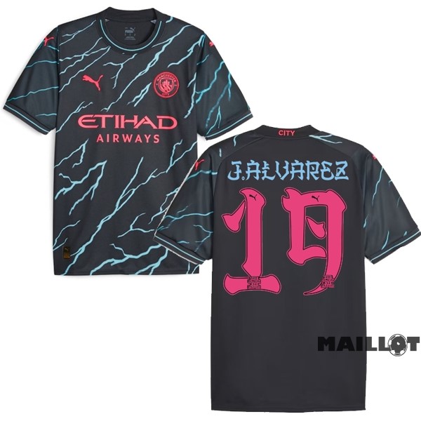 Foot Maillot Pas Cher NO.19 J. Alvarez Third Maillot Manchester City 2023 2024 Noir