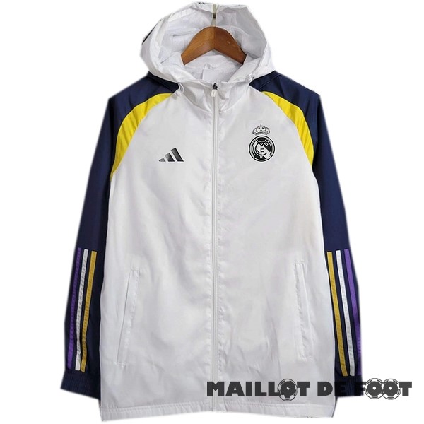 Foot Maillot Pas Cher Coupe Vent Real Madrid 2023 2024 Blanc Bleu Jaune