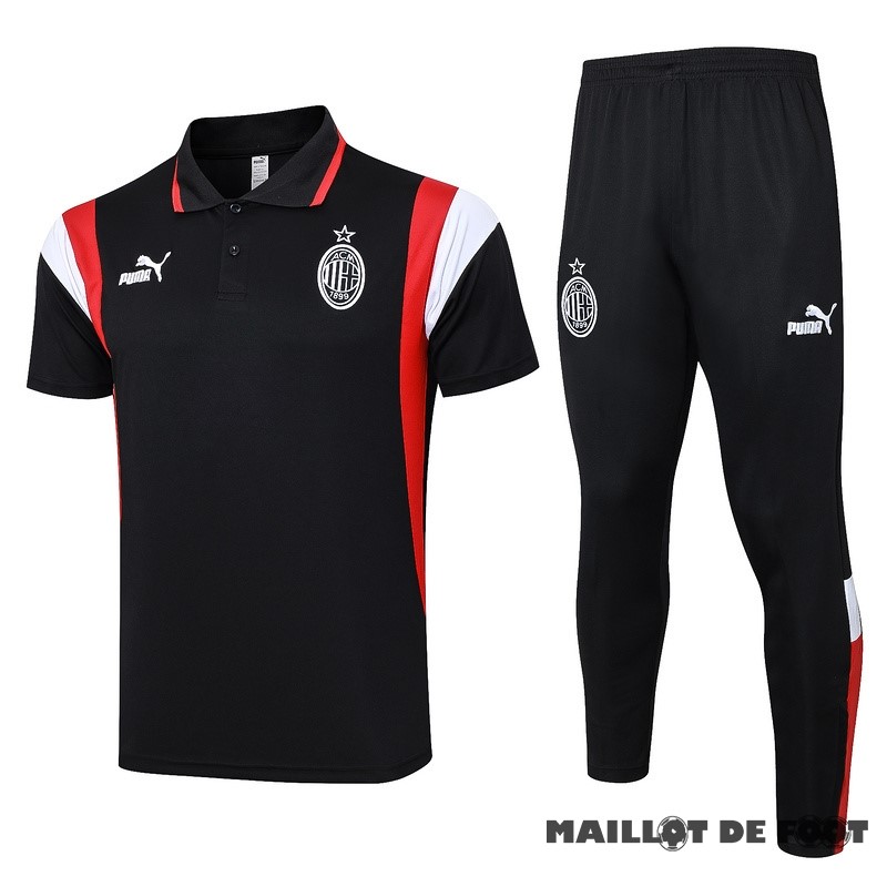 Foot Maillot Pas Cher Ensemble Complet Polo AC Milan 2023 2024 Noir Rouge Blanc