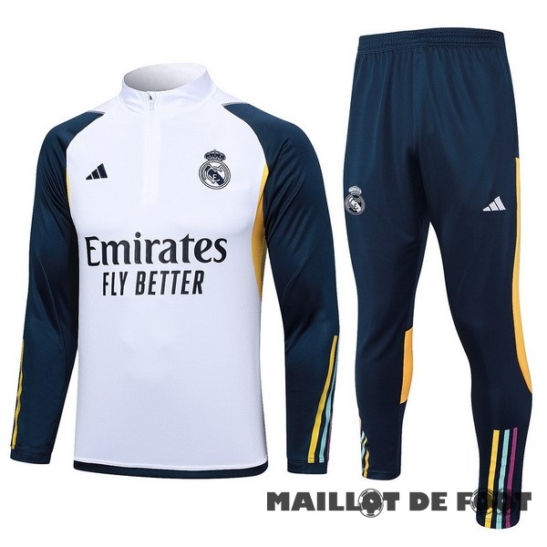 Foot Maillot Pas Cher Ensemble Complet Sudadera Entrainement Real Madrid 2023 2024 Blanc Bleu Jaune