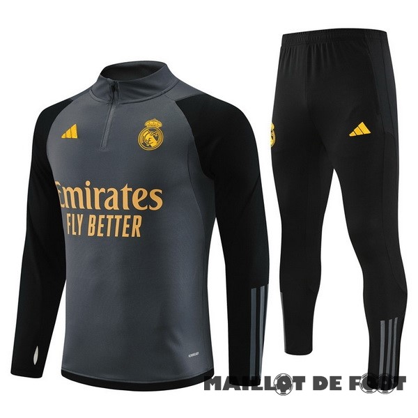 Foot Maillot Pas Cher Ensemble Complet Sudadera Entrainement Real Madrid 2023 2024 Gris Noir Jaune