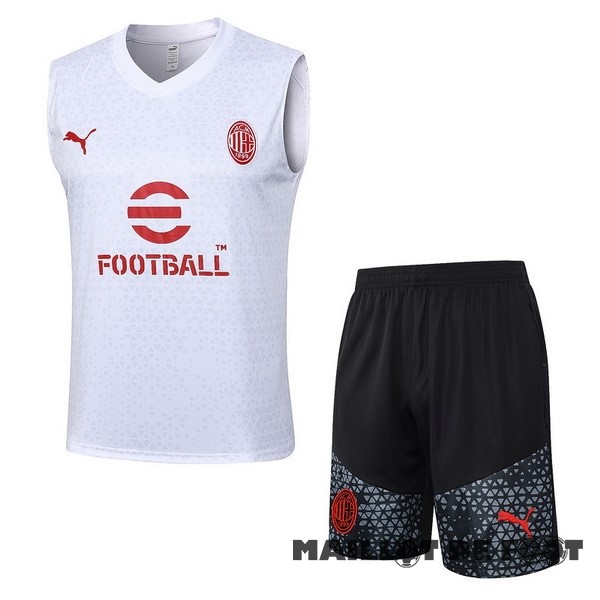 Foot Maillot Pas Cher Entrainement Sans Manches Ensemble Complet AC Milan 2023 2024 Blanc Rouge Noir