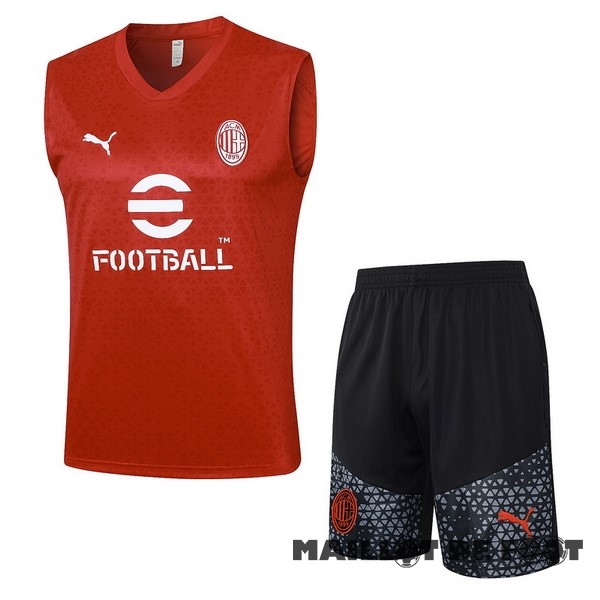 Foot Maillot Pas Cher Entrainement Sans Manches Ensemble Complet AC Milan 2023 2024 Rouge Noir Gris