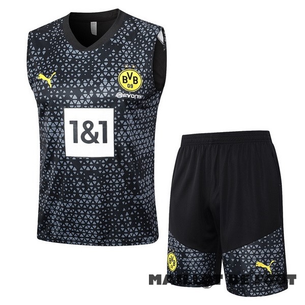 Foot Maillot Pas Cher Entrainement Sans Manches Ensemble Complet Borussia Dortmund 2023 2024 Noir Gris