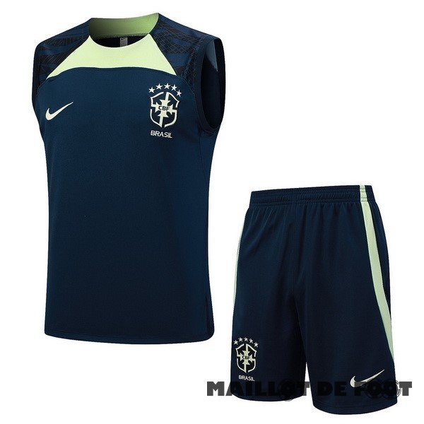 Foot Maillot Pas Cher Entrainement Sans Manches Ensemble Complet Brésil 2023 Bleu Marine III Vert