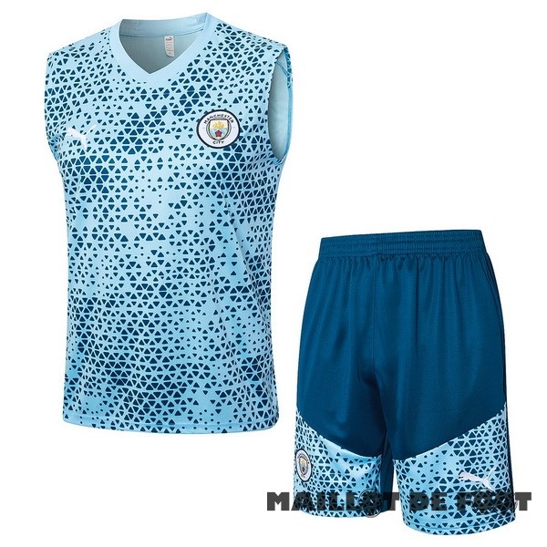 Foot Maillot Pas Cher Entrainement Sans Manches Ensemble Complet Manchester City 2023 2024 Bleu