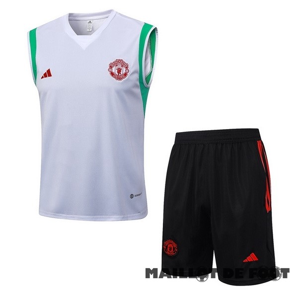 Foot Maillot Pas Cher Entrainement Sans Manches Ensemble Complet Manchester United 2023 2024 Blanc Vert Noir