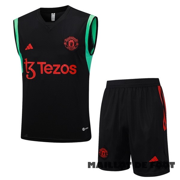 Foot Maillot Pas Cher Entrainement Sans Manches Ensemble Complet Manchester United 2023 2024 Noir Vert Rouge