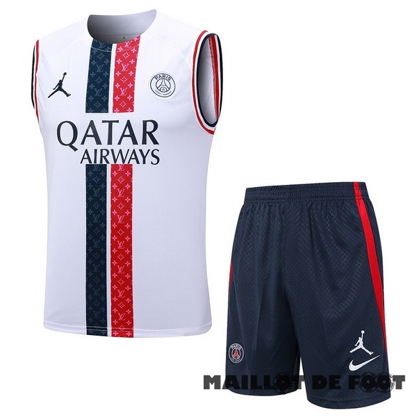 Foot Maillot Pas Cher Entrainement Sans Manches Ensemble Complet Paris Saint Germain 2023 2024 Blanc Rouge Bleu