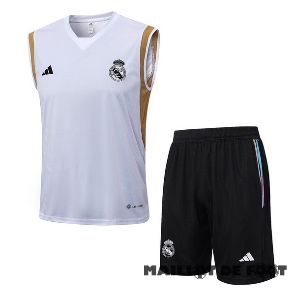 Foot Maillot Pas Cher Entrainement Sans Manches Ensemble Complet Real Madrid 2023 2024 Blanc Jaune Noir