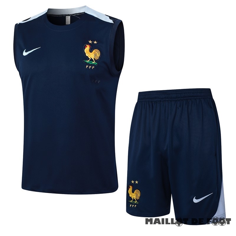 Foot Maillot Pas Cher Entrainement Sans Manches Ensemble Complet France 2024 Bleu Marine